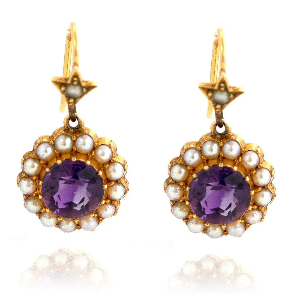 Antique Victorian 15ct Amethyst Seed Pearl Drop Earrings