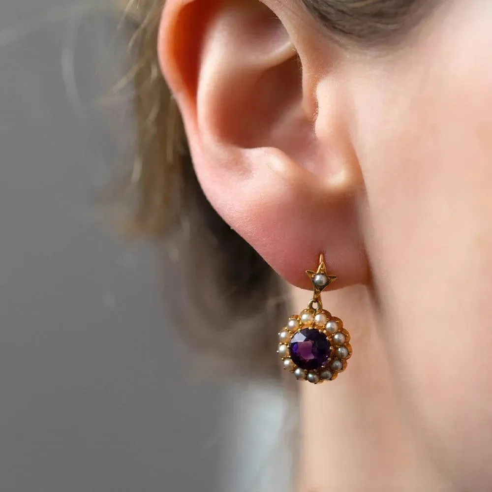 Antique Victorian 15ct Amethyst Seed Pearl Drop Earrings