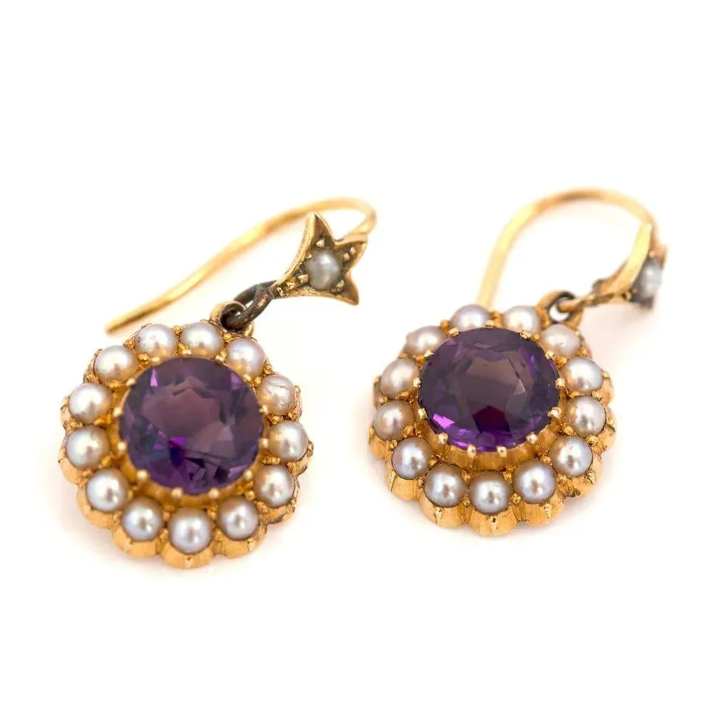 Antique Victorian 15ct Amethyst Seed Pearl Drop Earrings