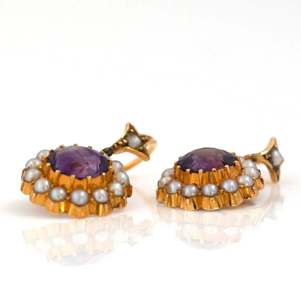 Antique Victorian 15ct Amethyst Seed Pearl Drop Earrings