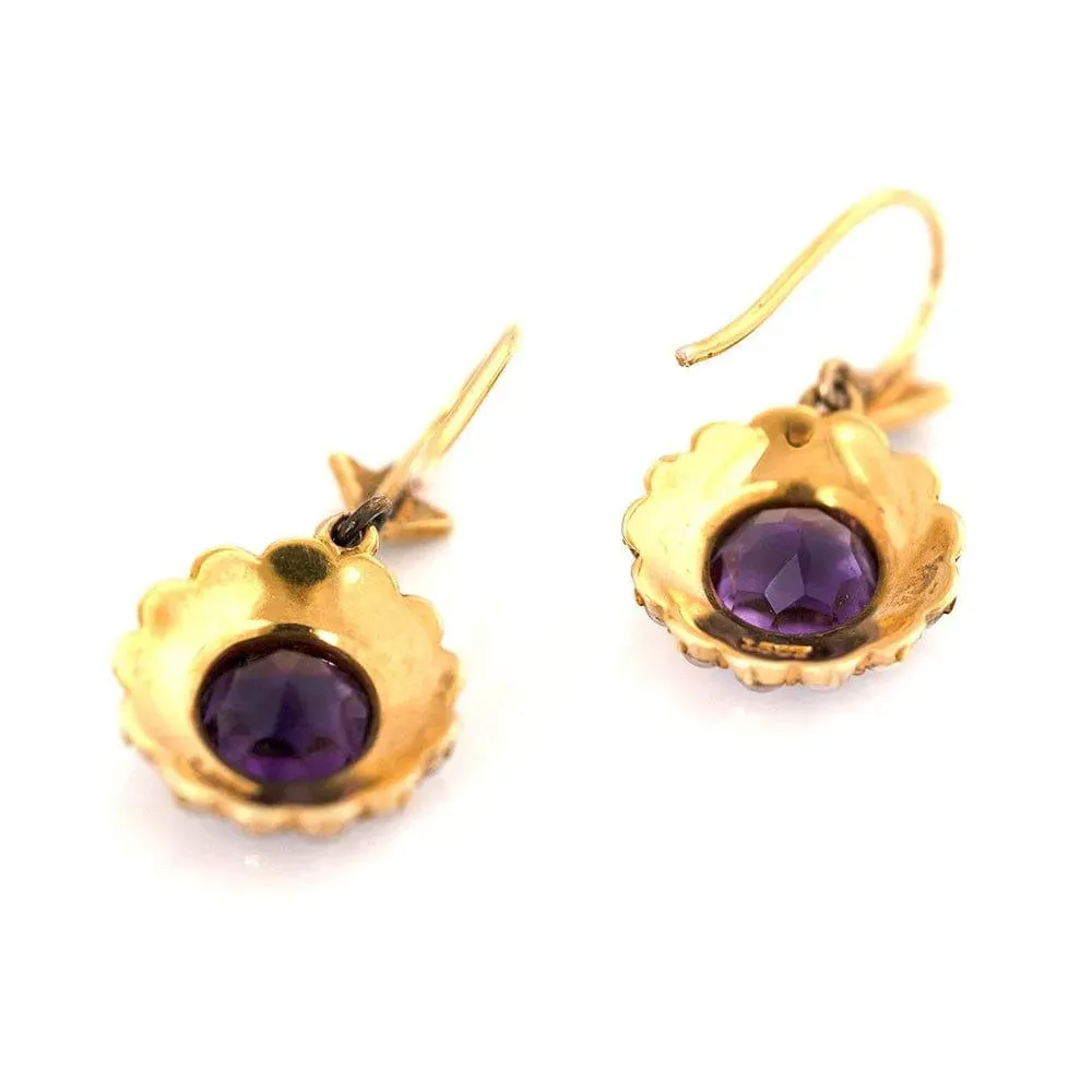 Antique Victorian 15ct Amethyst Seed Pearl Drop Earrings