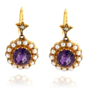 Antique Victorian 15ct Amethyst Seed Pearl Drop Earrings