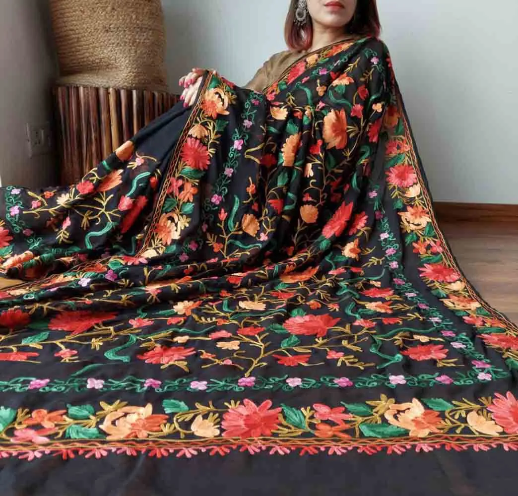 Black Embroidered Kashmiri Aari Work Georgette Floral Design Saree