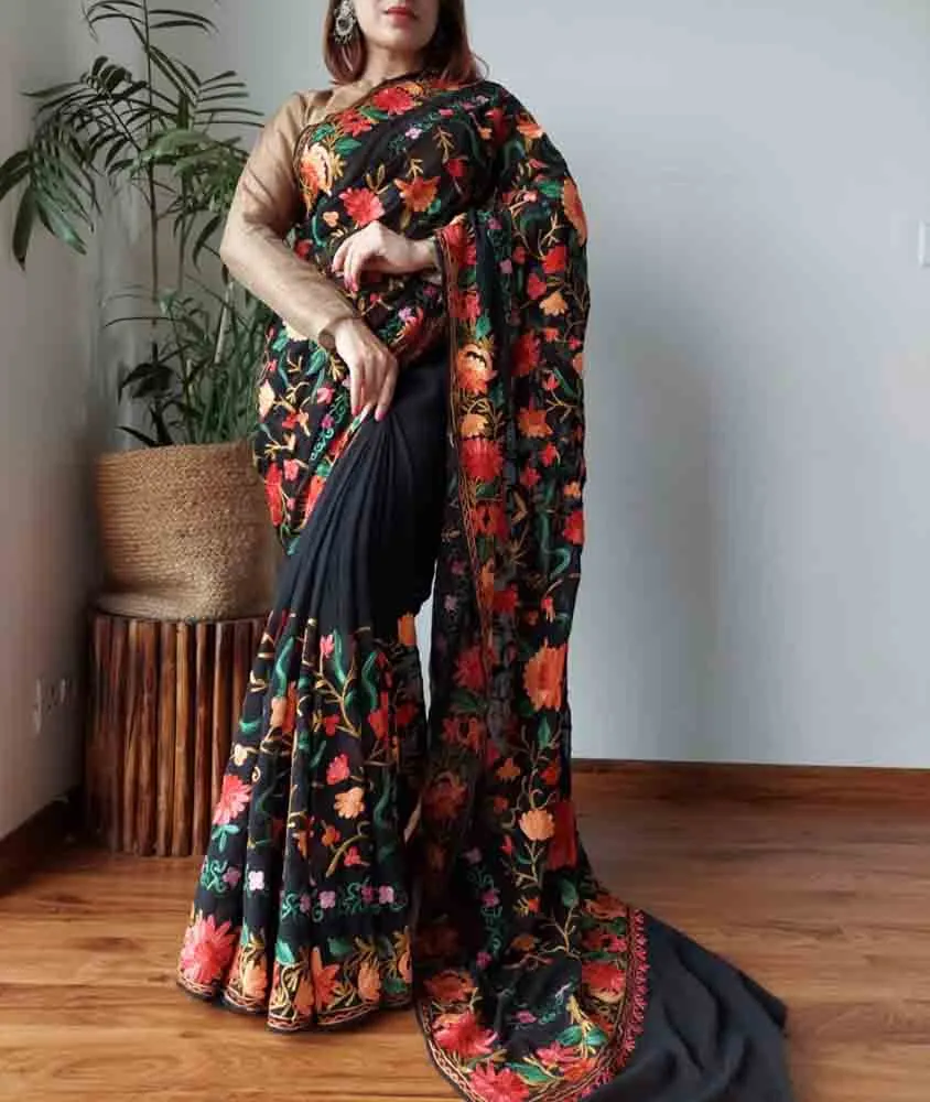 Black Embroidered Kashmiri Aari Work Georgette Floral Design Saree