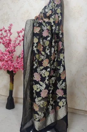 Black Handloom Banarasi Brush Dye Pure Georgette Dupatta