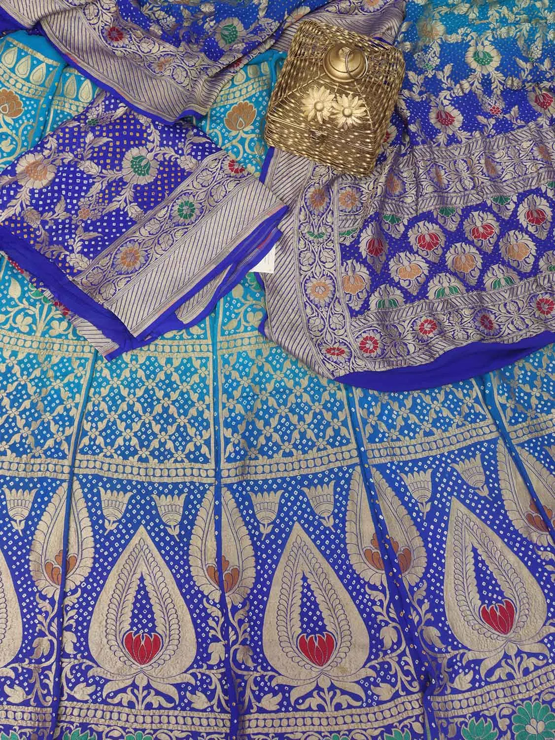 Blue Banarasi Bandhani Pure Georgette Meenakari Unstitched Lehenga Set