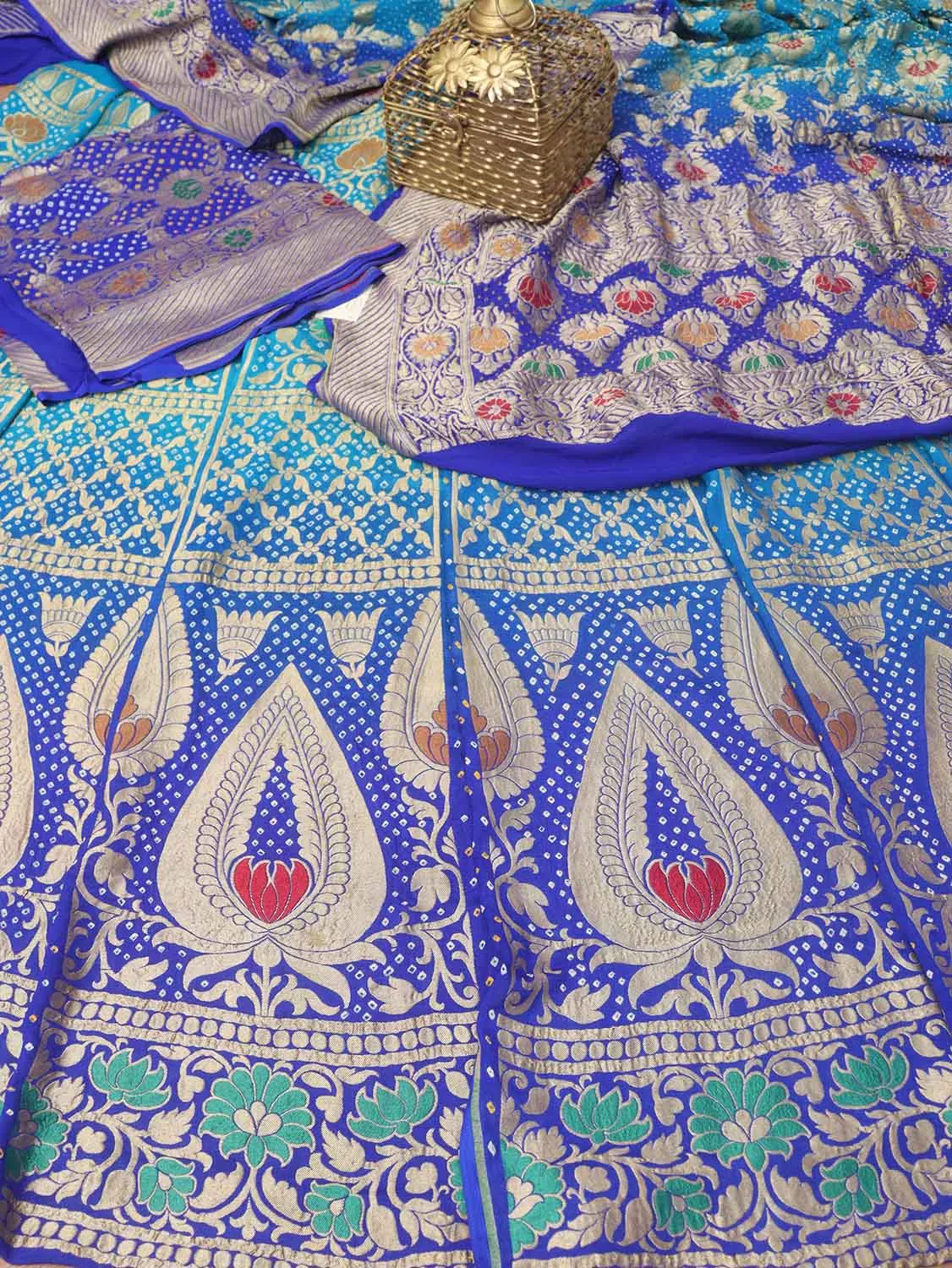 Blue Banarasi Bandhani Pure Georgette Meenakari Unstitched Lehenga Set