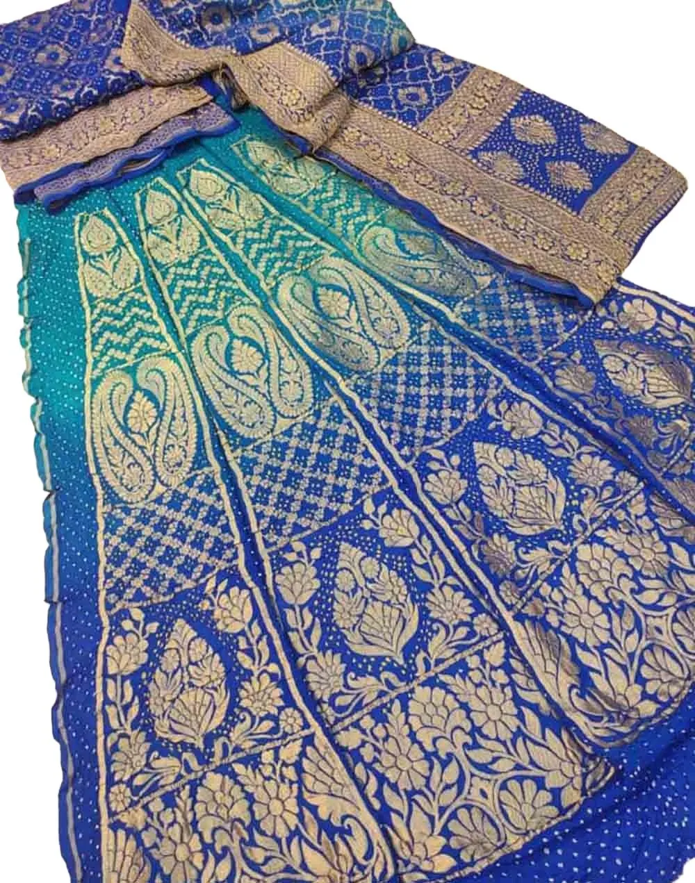 Blue Banarasi Bandhani Pure Georgette Neemzari Unstitched Lehenga Set