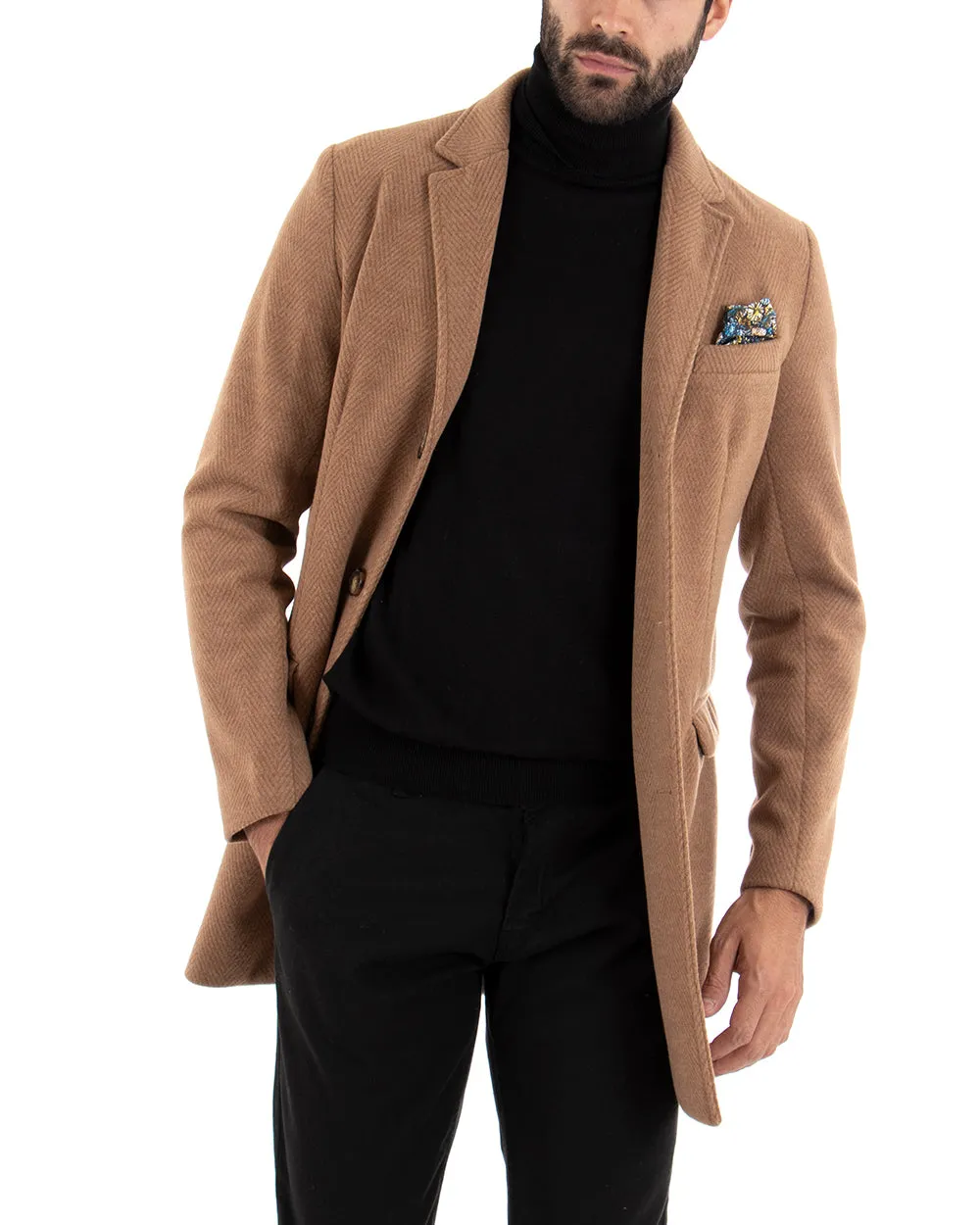 Cappotto Monopetto Uomo Giacca Giaccone Camel Baronetto Elegante GIOSAL-G2725A