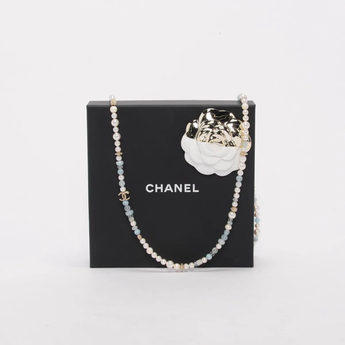 Chanel Aquamarine Crystal & Pearl Long Necklace