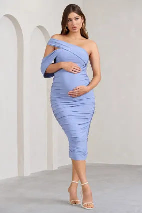 Cici | Robe mi-longue de grossesse froncée asymétrique bleu poudré