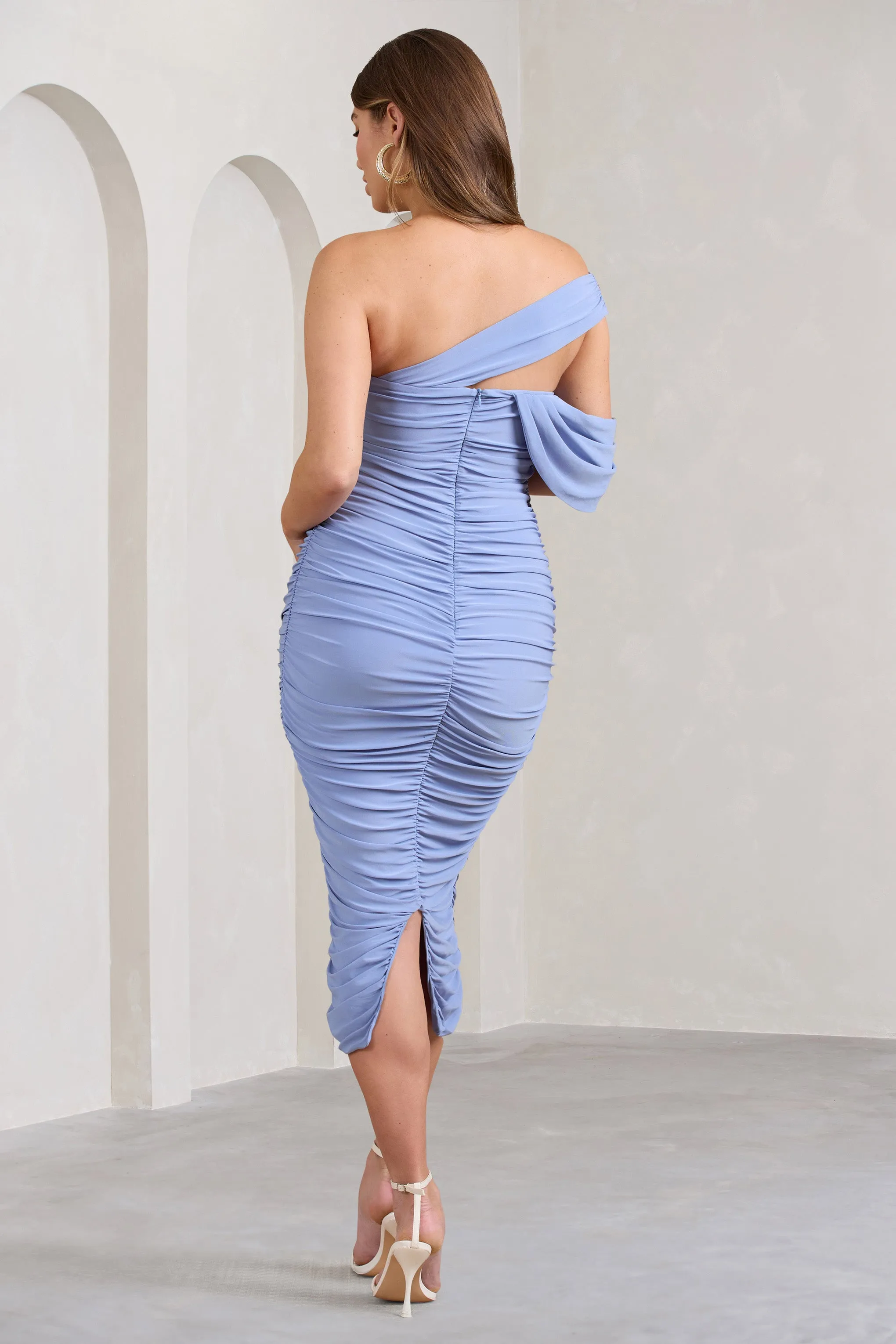 Cici | Robe mi-longue de grossesse froncée asymétrique bleu poudré