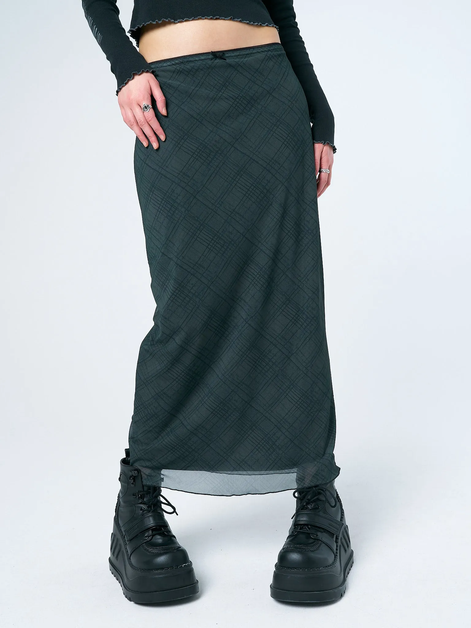 Elena Green Checked Mesh Maxi Skirt