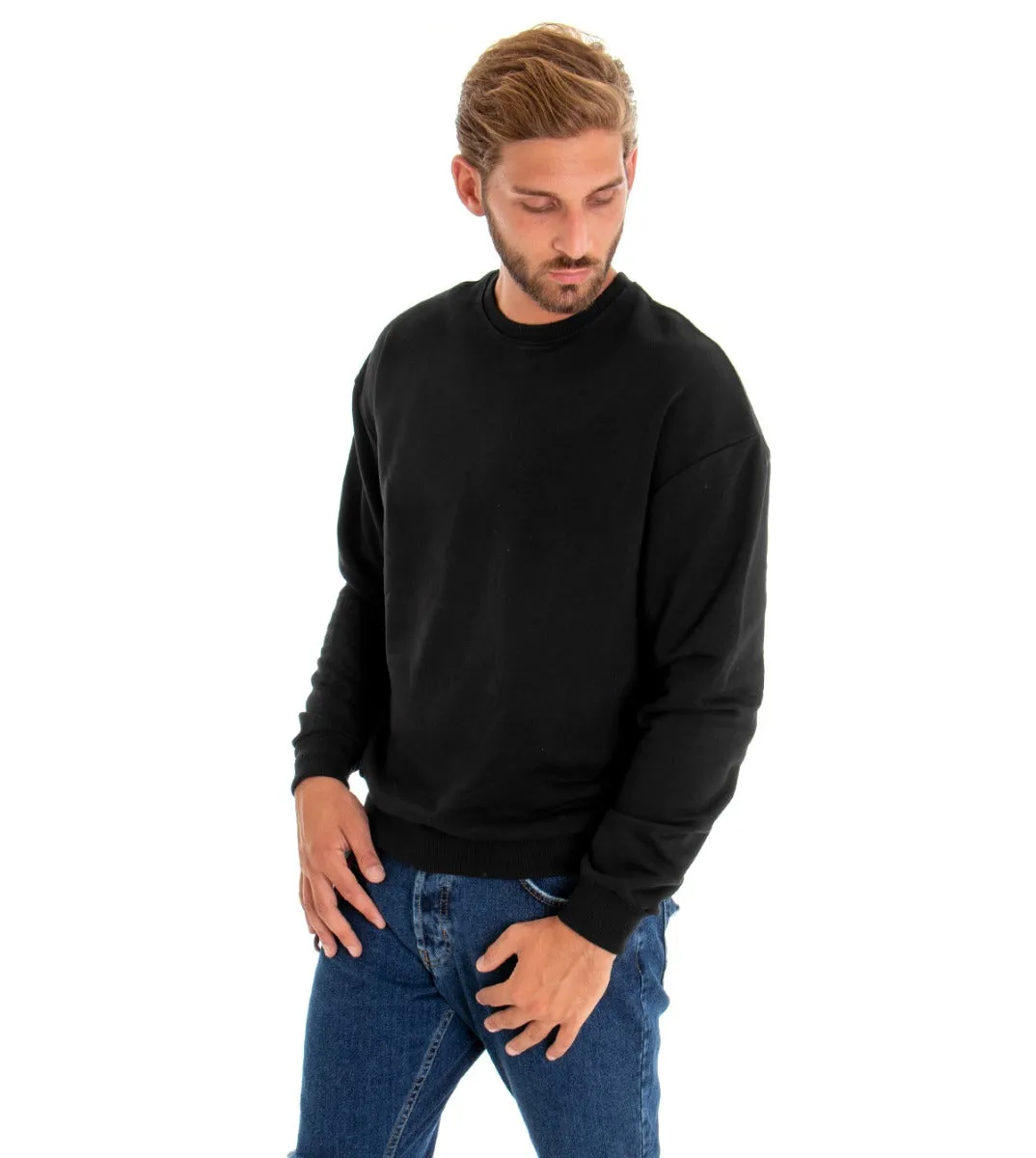 Felpa Uomo Girocollo Maglia Nero Con Stampa Regular Fit GIOSAL-F2662A