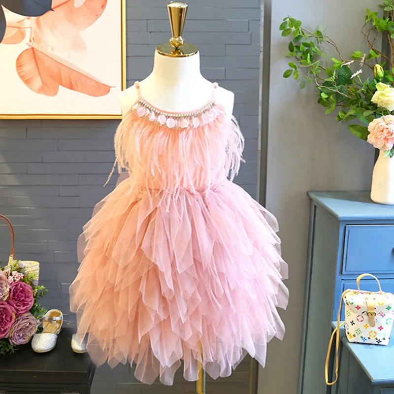 Girls Feather and Tulle Dresses for Birthdays Pageants Spring Dance with Bead Detailing