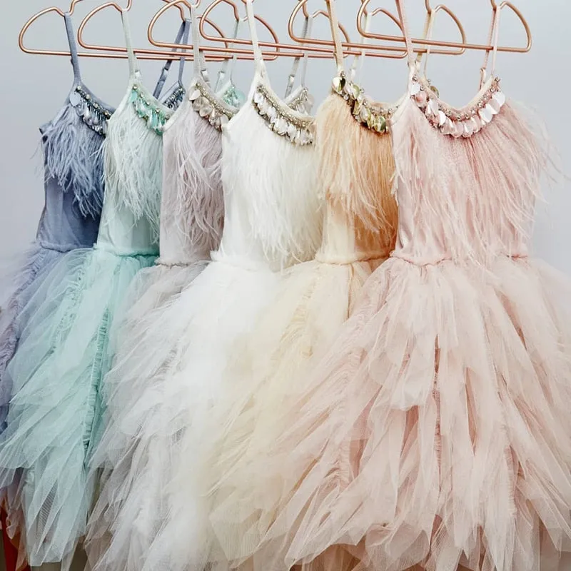 Girls Feather and Tulle Dresses for Birthdays Pageants Spring Dance with Bead Detailing