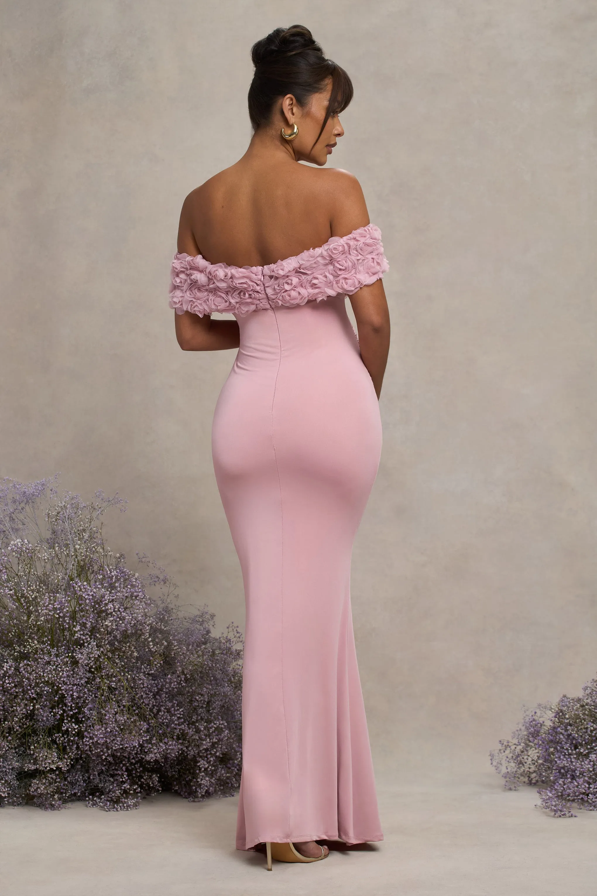 Inflorescence | Robe longue de maternité encolure bardot à fleurs en maille rose poudré