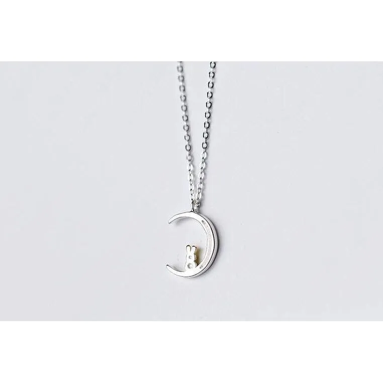 Pure 925 Sterling Silver Rabbit Moon Necklace