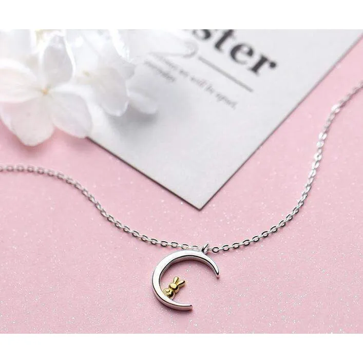 Pure 925 Sterling Silver Rabbit Moon Necklace