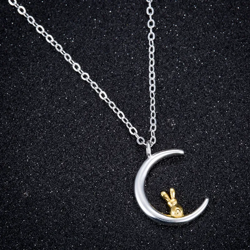 Pure 925 Sterling Silver Rabbit Moon Necklace