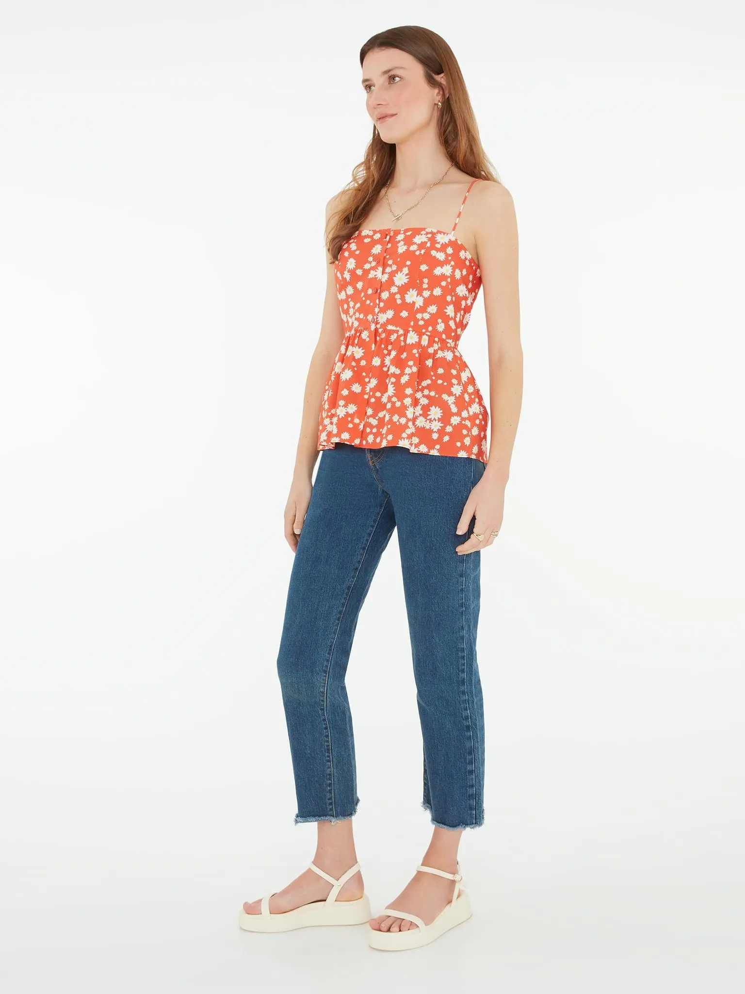 Remington Button Front Cami Top in Red Floral Print