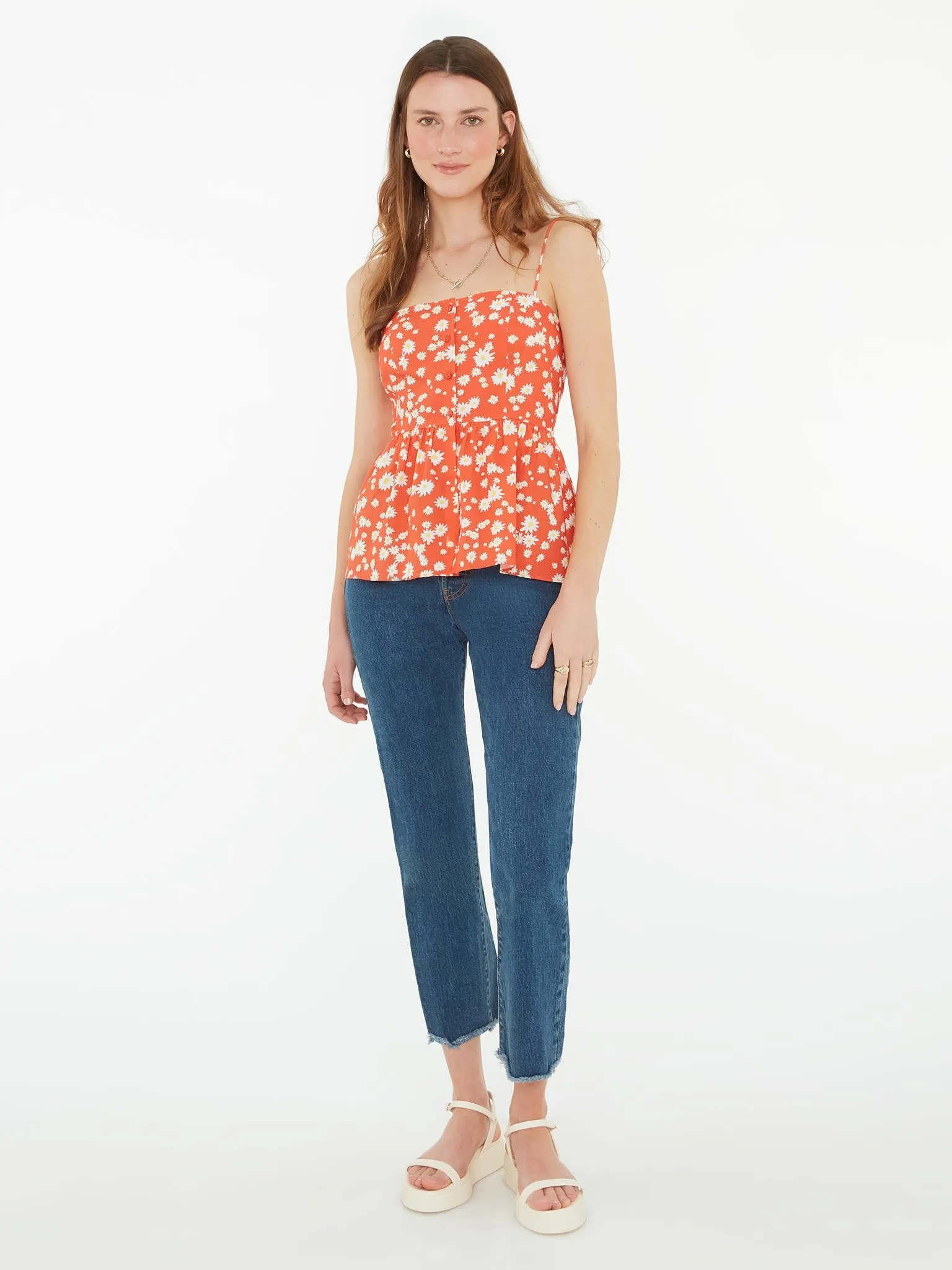 Remington Button Front Cami Top in Red Floral Print