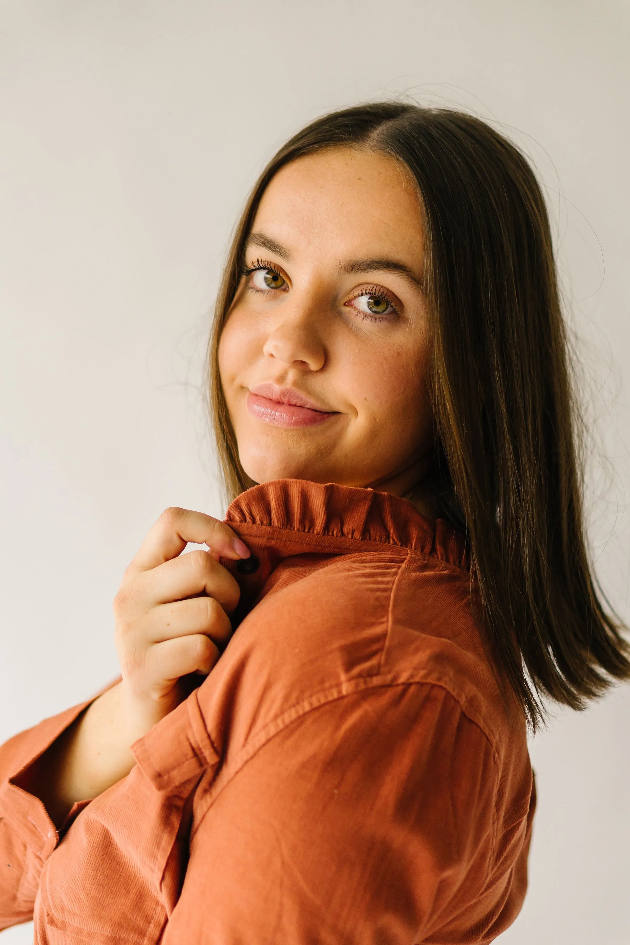 The Alexia Ruffle Collar Shacket in Rust