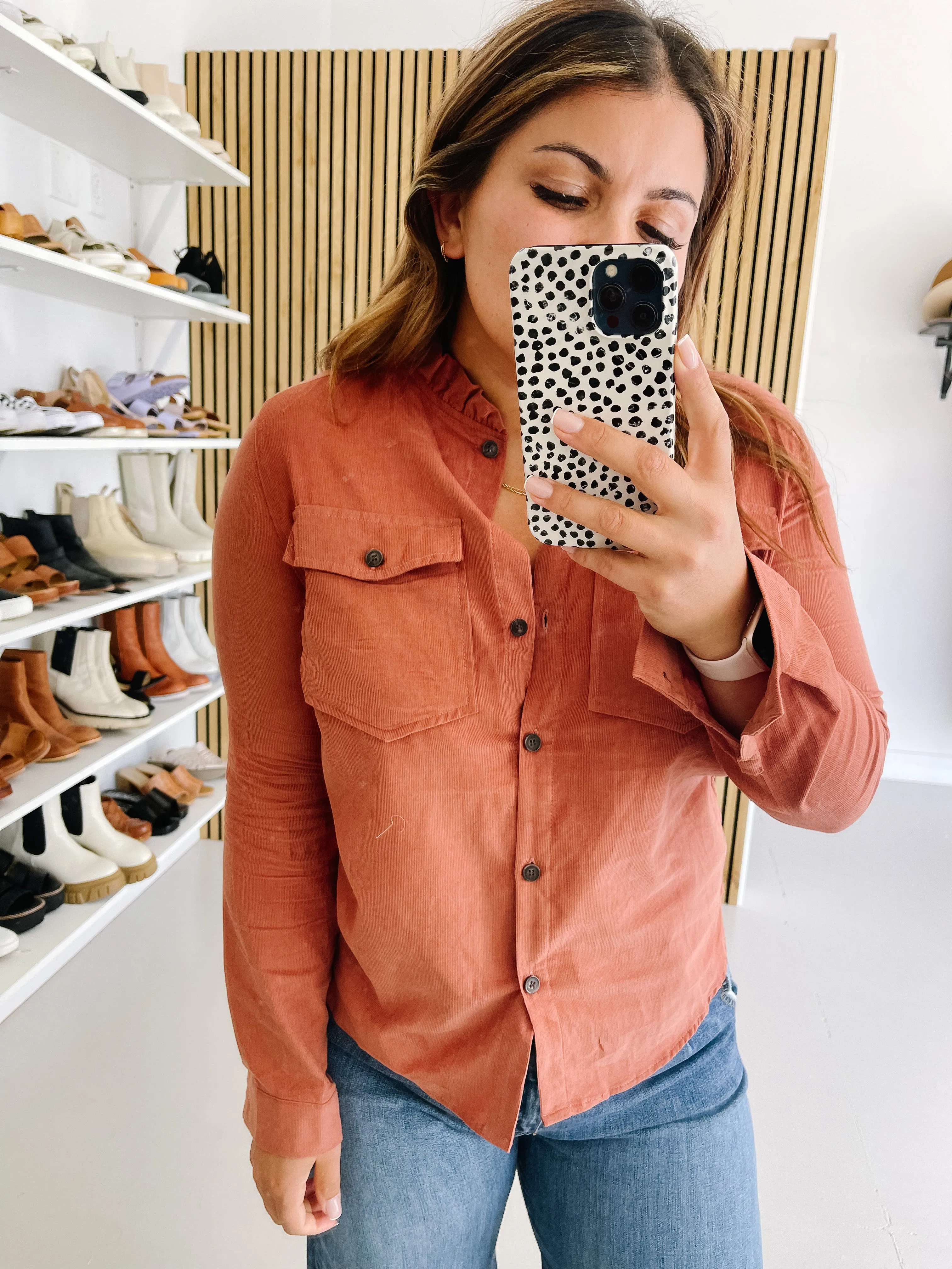 The Alexia Ruffle Collar Shacket in Rust