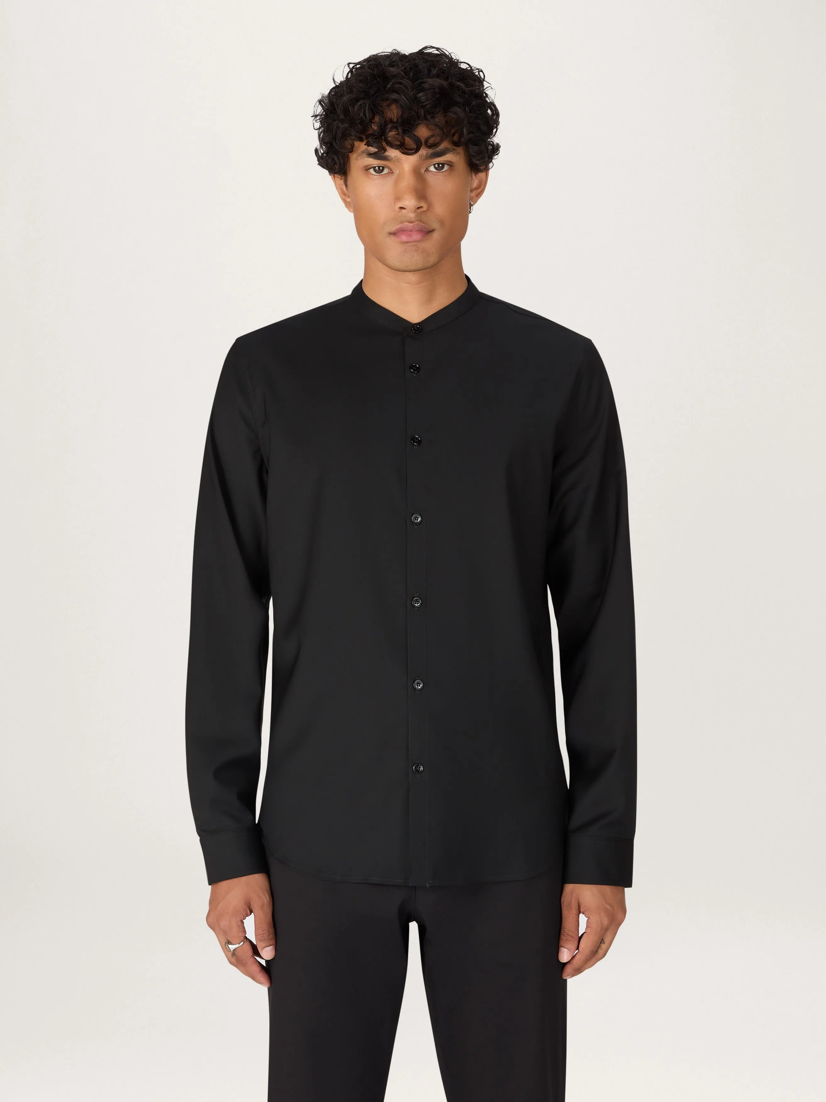 The All Day Shirt Merino Collarless || Black | Merino Poplin