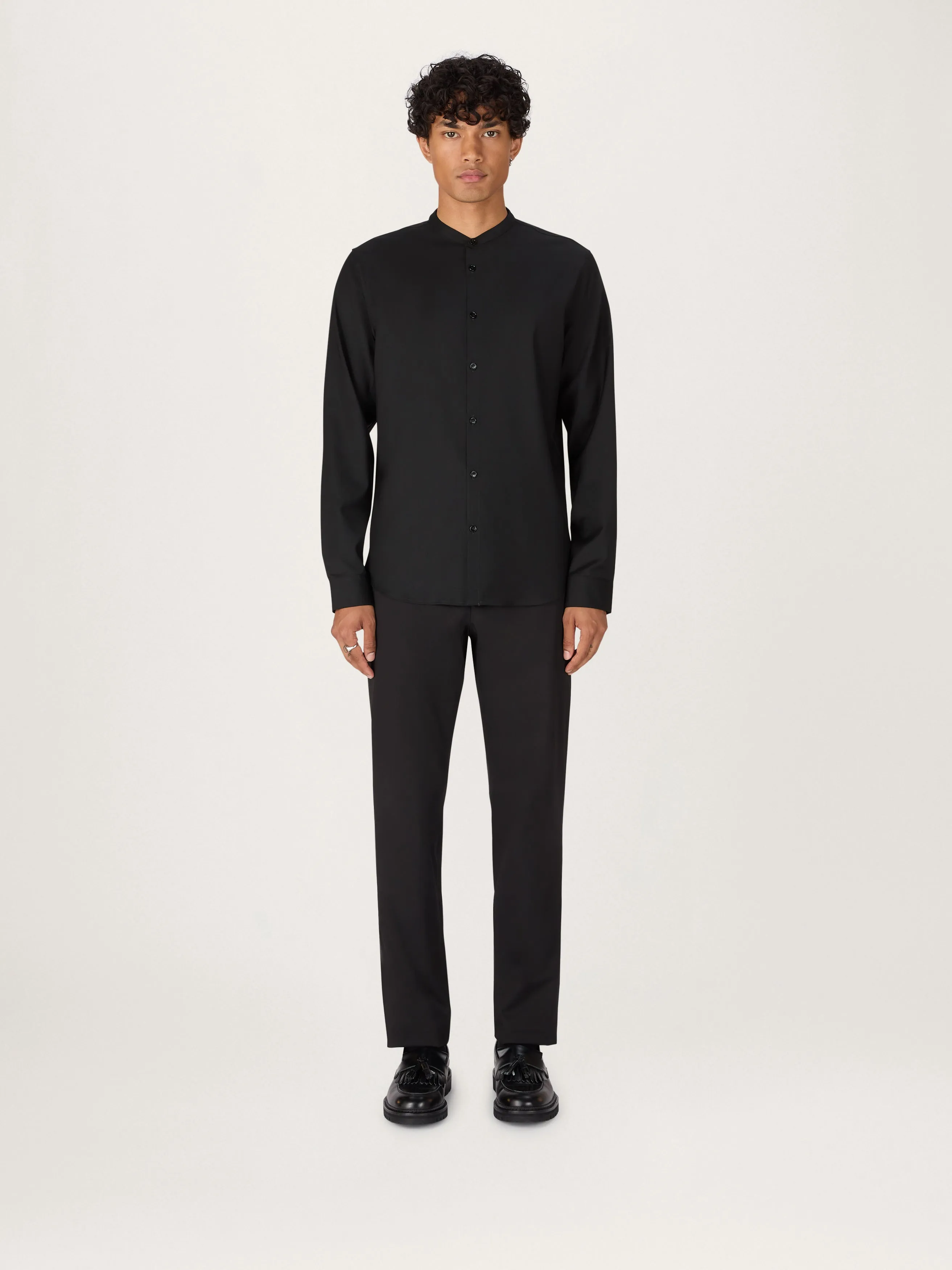 The All Day Shirt Merino Collarless || Black | Merino Poplin