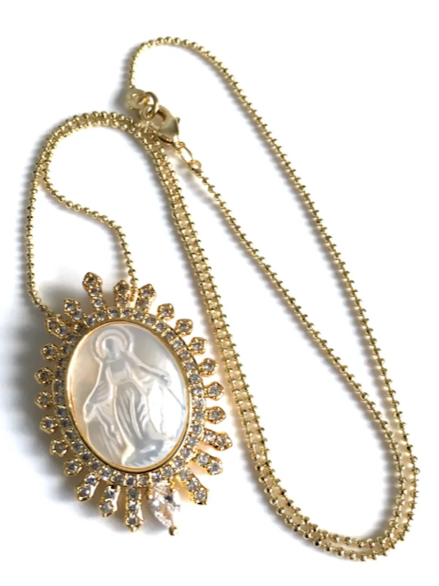 Virgen La Milagrosa Mother of Pearl Pendant Necklace 18K Gold Plated Chain