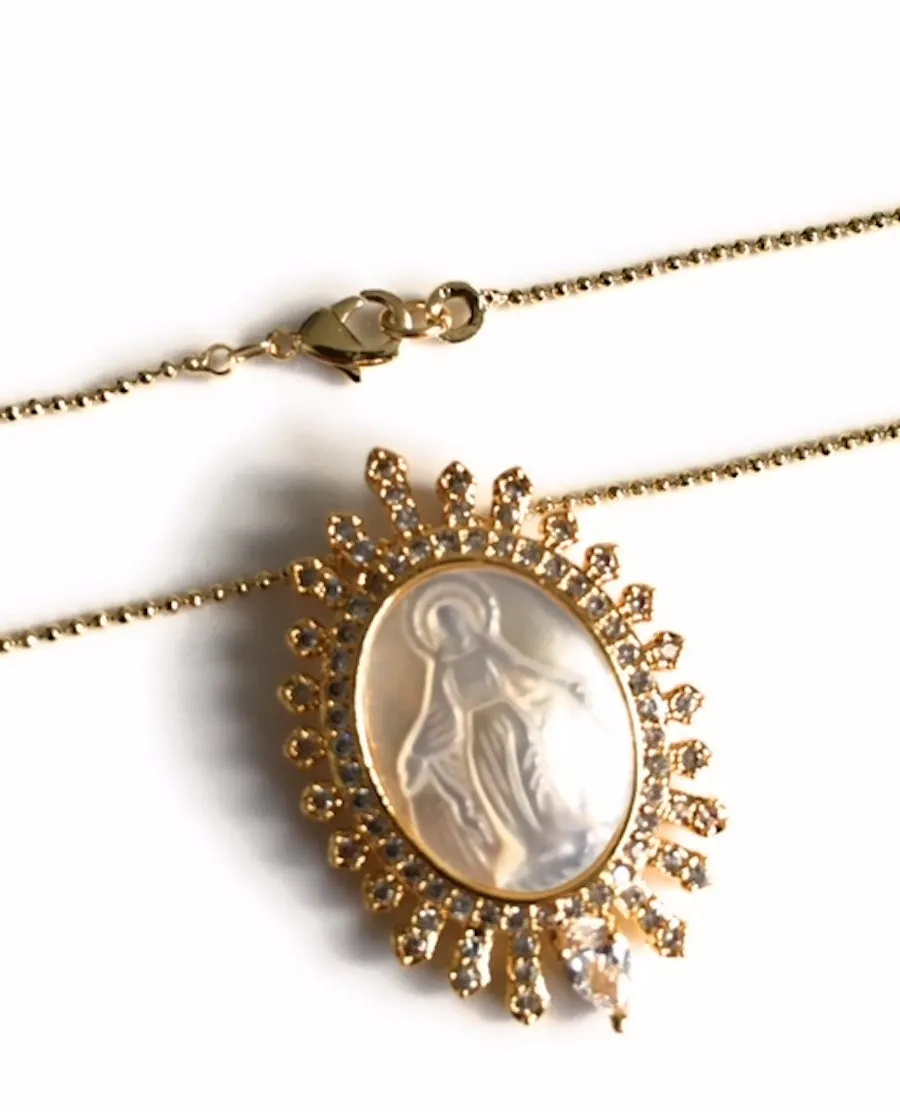 Virgen La Milagrosa Mother of Pearl Pendant Necklace 18K Gold Plated Chain